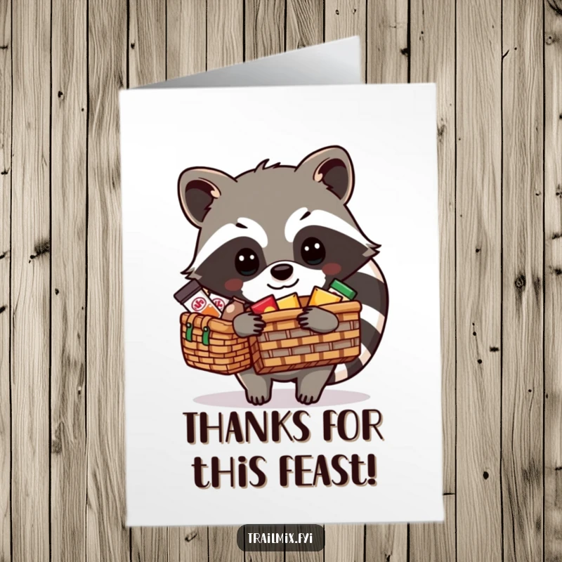 Funny Free Printable Thank You Card: Raccoon sharing his delicious picnic snacks with gratitude.