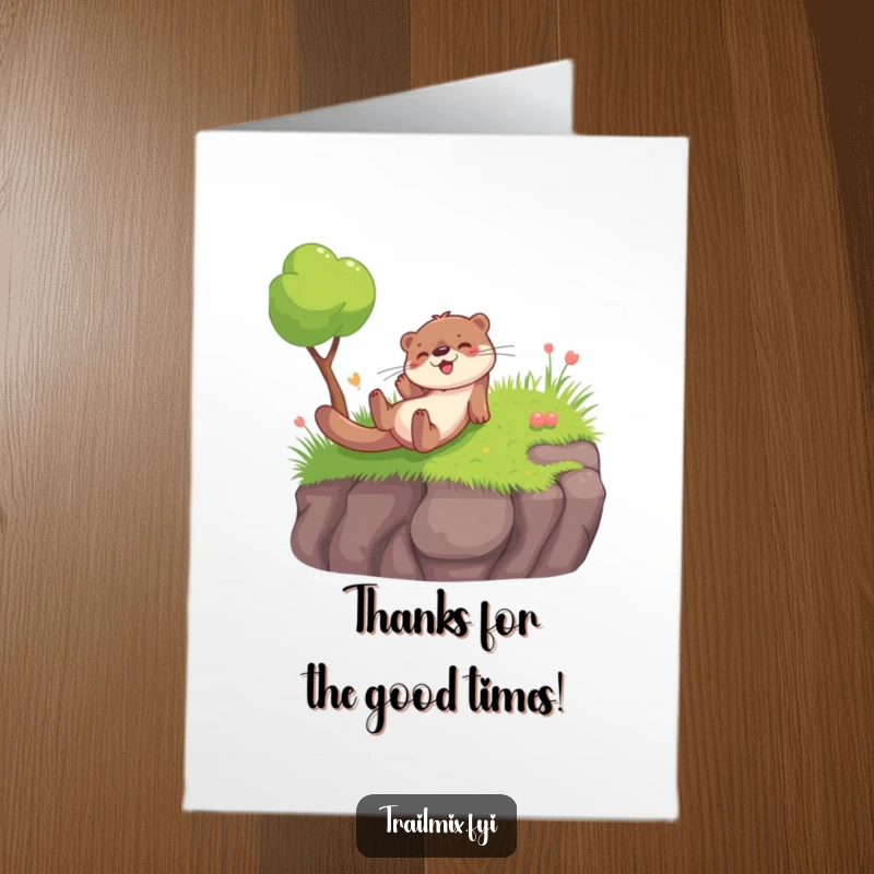 Funny Free Printable Thank You Card: A happy otter character sliding down a grassy bank with pure joy, ideal for DIY.