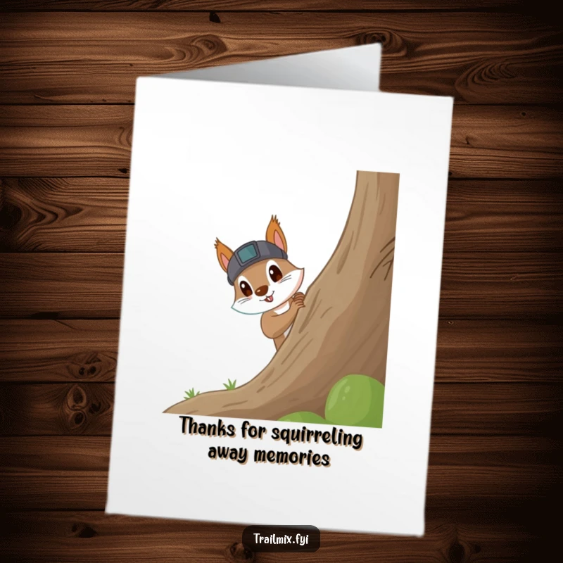 Funny Free Printable Thank You Card: Squirrel with headlamp excitedly peeks around a tree, expressing thanks.