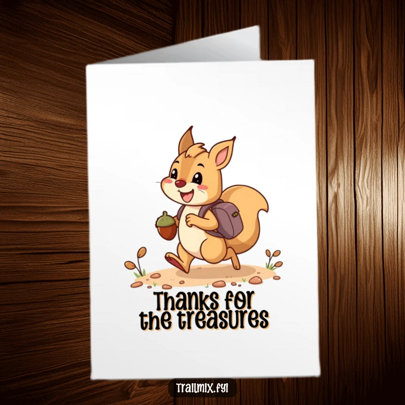 Free Printable Thank You Card: A happy squirrel with acorns like tiny backpacks bounding on a forest trail.