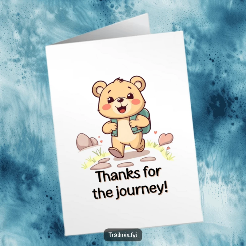 Funny Free Printable Thank You Card: A happy bear with a backpack joyfully walks a path, conveying thanks warmly.