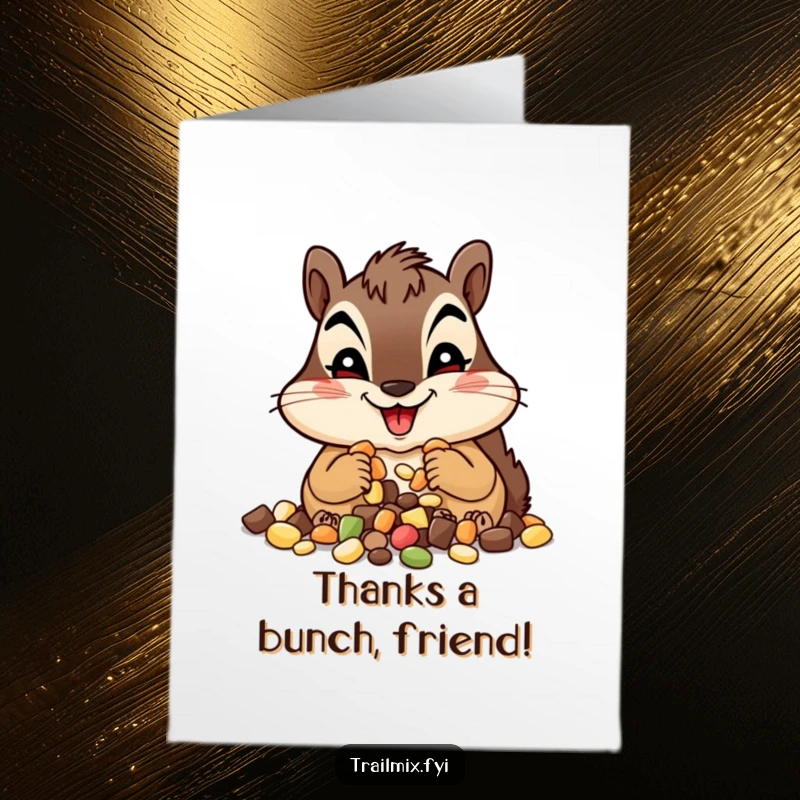Funny Free Printable Thank You Card: Chipmunk enjoying trail mix, a humorous downloadable thank you gift.