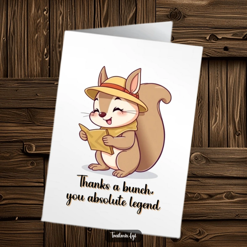 Funny Free Printable thank you card featuring a squirrel scout consulting a map, expressing gratitude, downloadable gift.