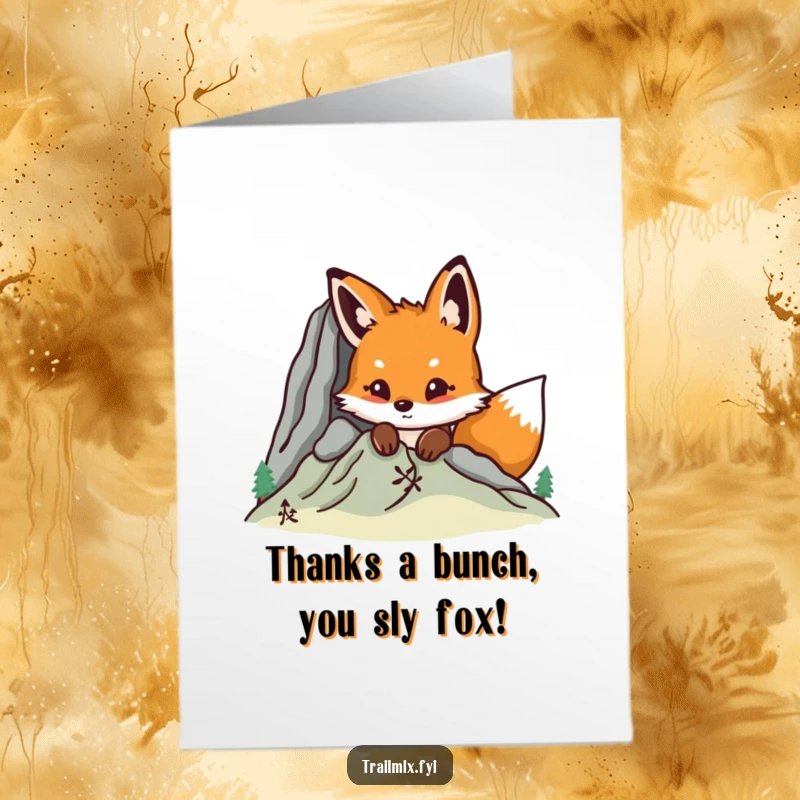 Funny Free Printable Thank You Card: Curious fox peeking over mountain, offering thanks, downloadable art.