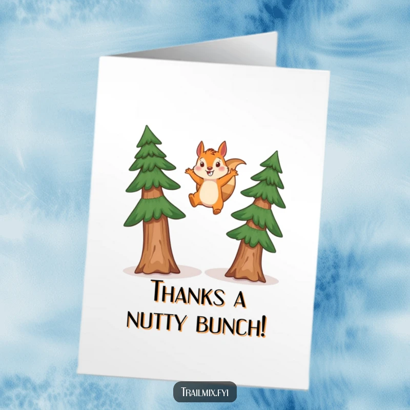 Funny Free Printable Thank You Card: Squirrel soaring between trees, a dynamic way to say thanks.