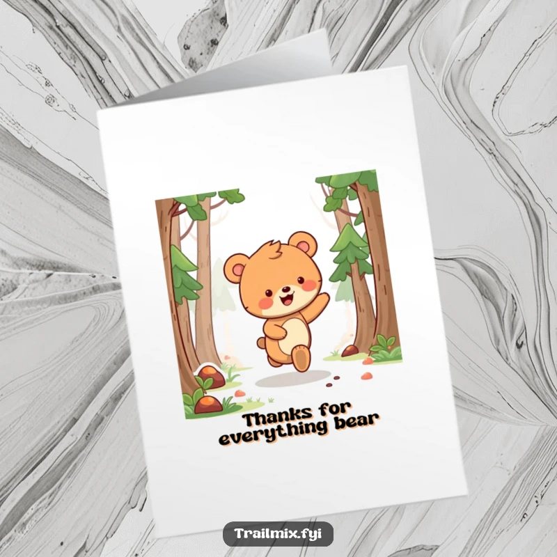 Funny Free Printable Thank You Card: A happy bear cub skipping along a forest path, conveying thanks.