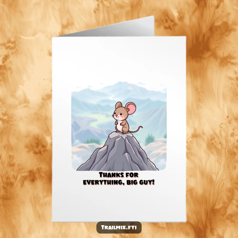 Funny free printable thank you card: Little mouse on a mountain peak, surveying the expansive view, sending thanks.