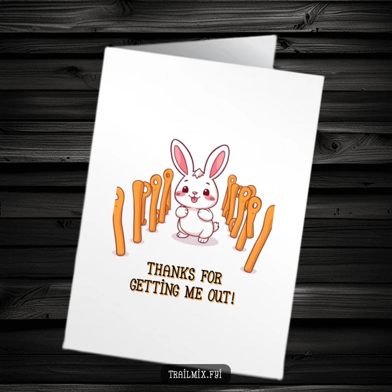 Funny Free Printable Thank You Card: Smiling rabbit character happily navigating a pretzel stick maze, expressing thanks with humor.