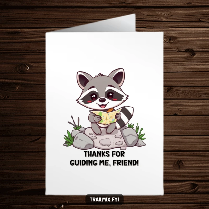 Funny Free Printable Thank You Card: Happy raccoon with map navigating rocks, expressing thanks, downloadable art.