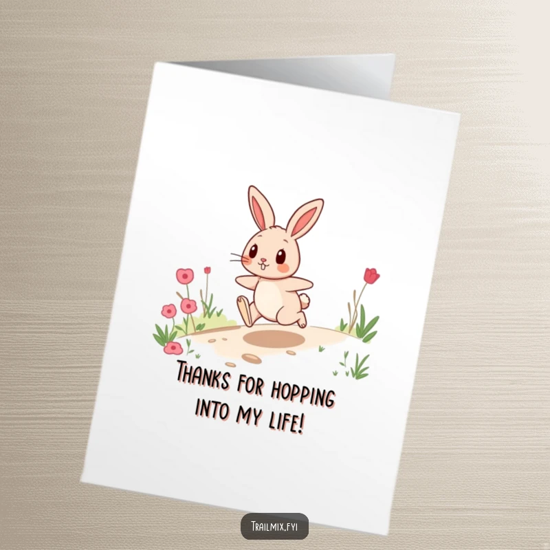 Funny Free Printable Thank You Card showing a playful rabbit hopping joyfully along a trail, expressing gratitude.
