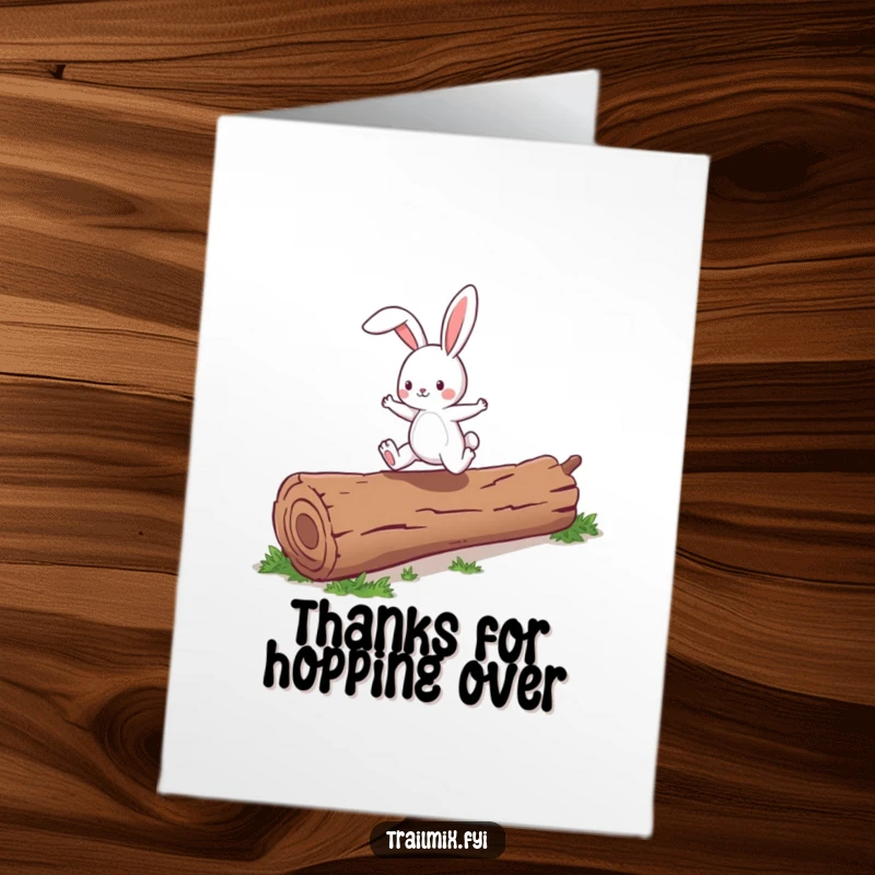 Funny Free Printable Thank You Card: An energetic bunny character enthusiastically skips over a fallen log with a big grin.