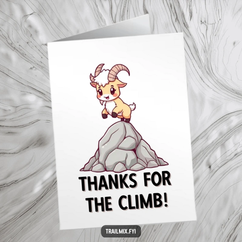 Funny free printable thank you card: A determined mountain goat balances on a rocky outcrop, conveying sincere thanks.