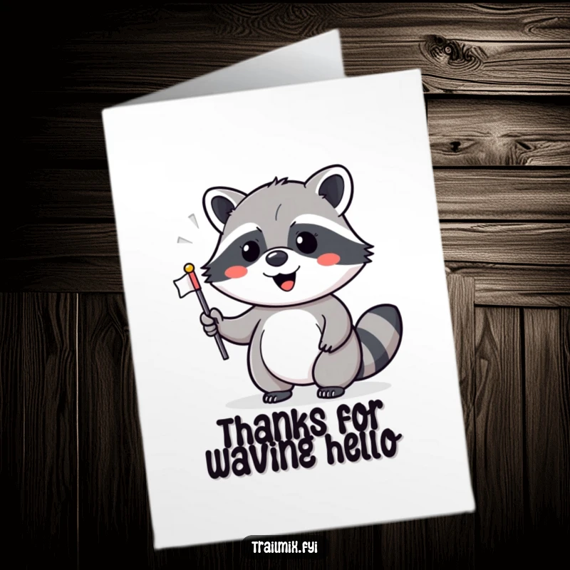 Funny Free Printable Thank You Card: Cheerful raccoon waving a tiny flag, sending thanks happily.