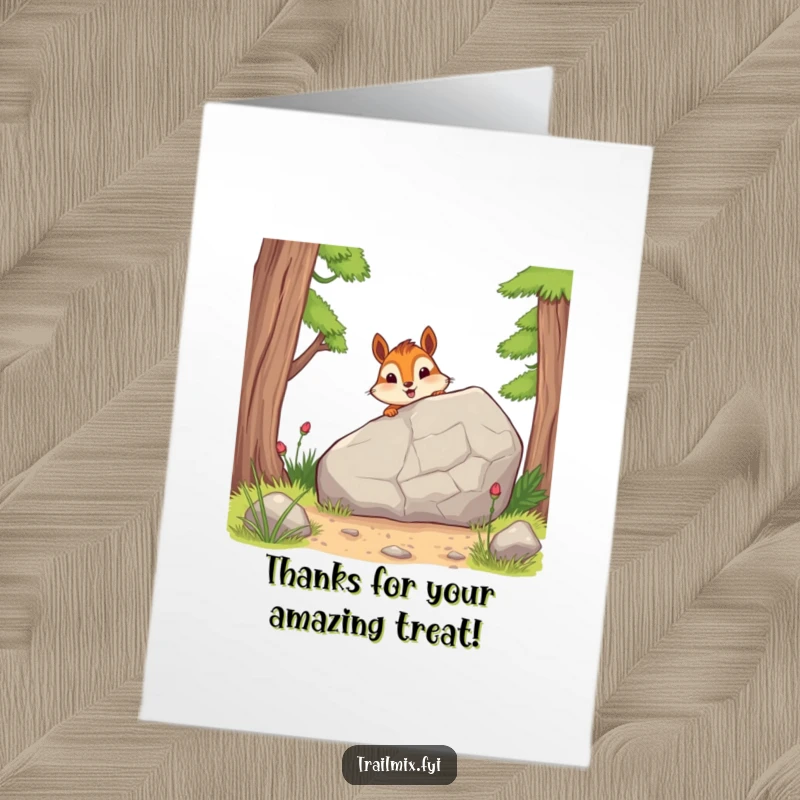 Funny Free Printable Thank You Card: A cheerful chipmunk peeking from behind a rock on a path, expressing sincere thanks.