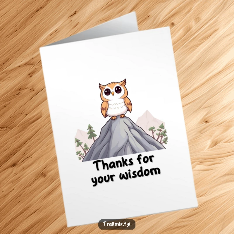 Funny Free Printable Thank You Card of a curious owl character perched on a peak, surveying the scene and offering a thankful gaze.