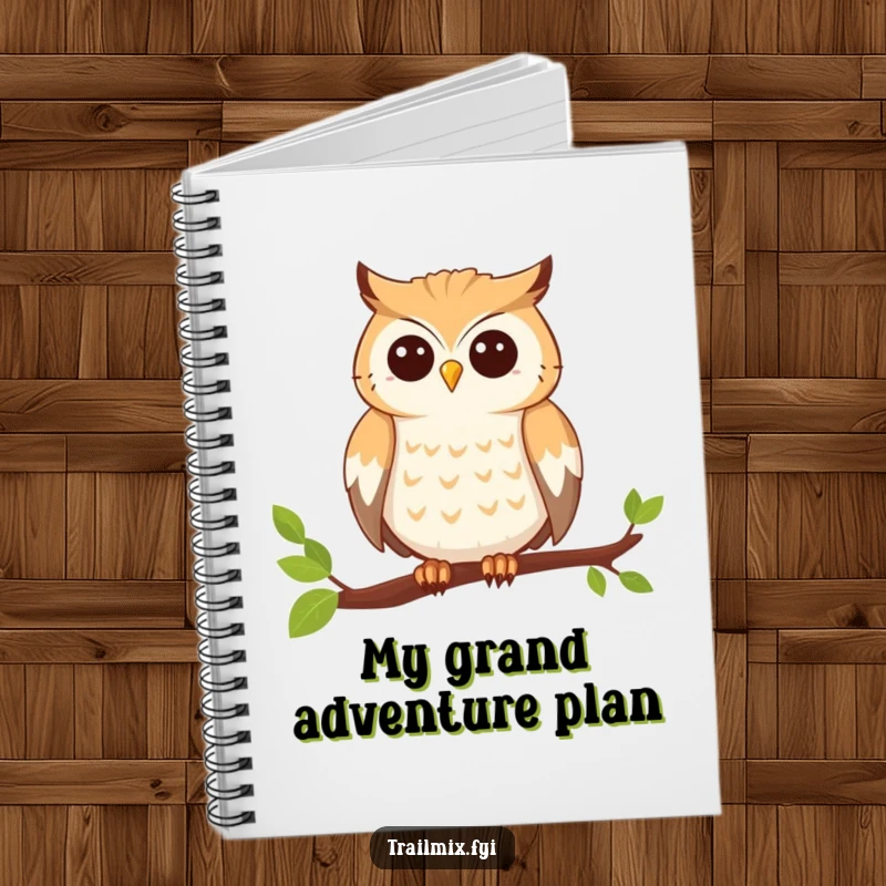 Funny notebook cover with a smiling owl perched on a branch, looking ready for adventure, inspiring creativity.