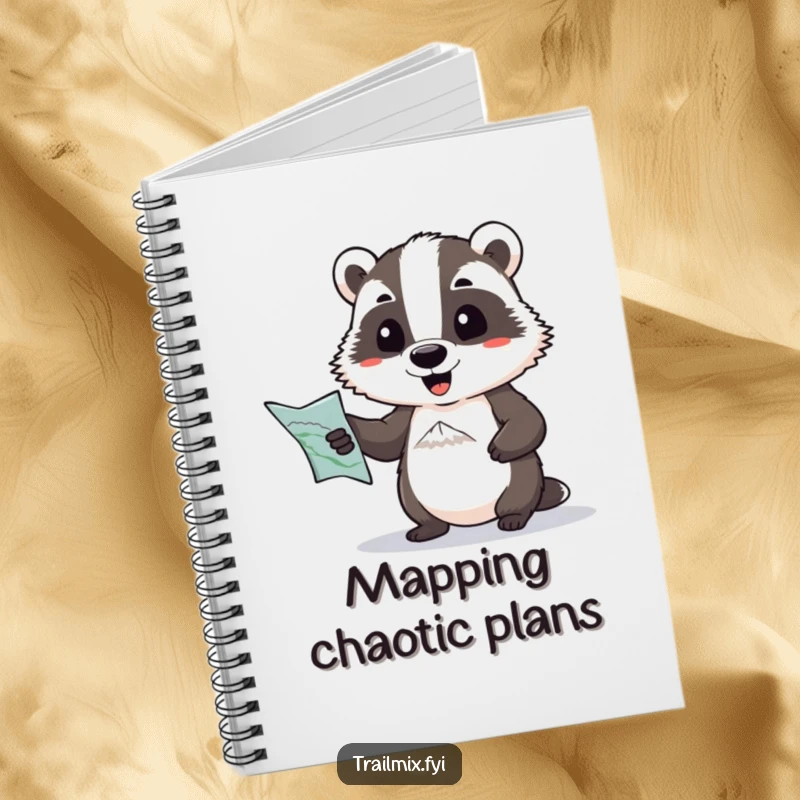 Funny notebook: a determined badger with a map comically pointing towards a distant peak, ideal for planning adventures and jotting ideas.