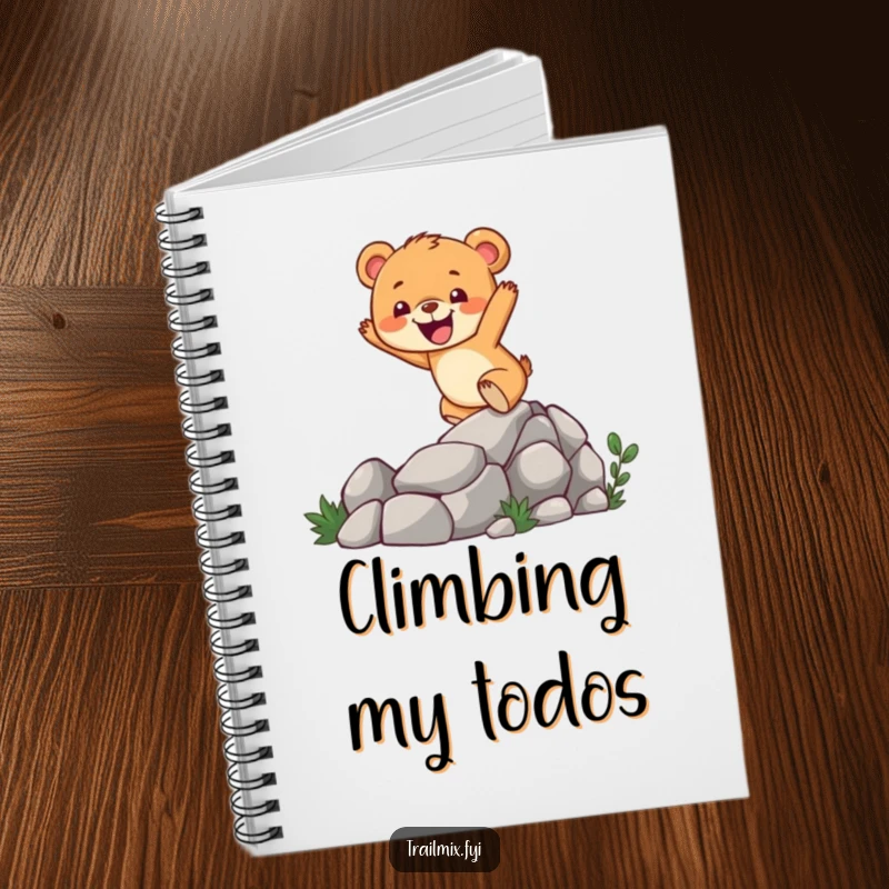 Funny bear cub notebook with a cheerful character enthusiastically climbing a rocky trail, perfect for notes and creative ideas.