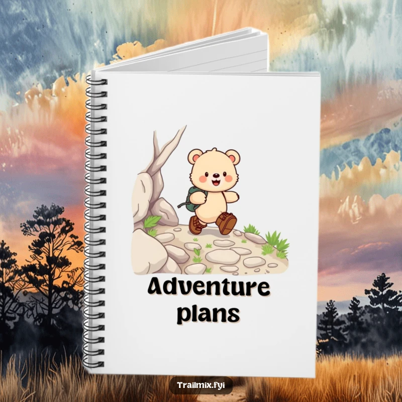 Funny bear cub notebook cover shows a happy skip in hiking boots on a rocky path, perfect for jotting down outdoor adventures.