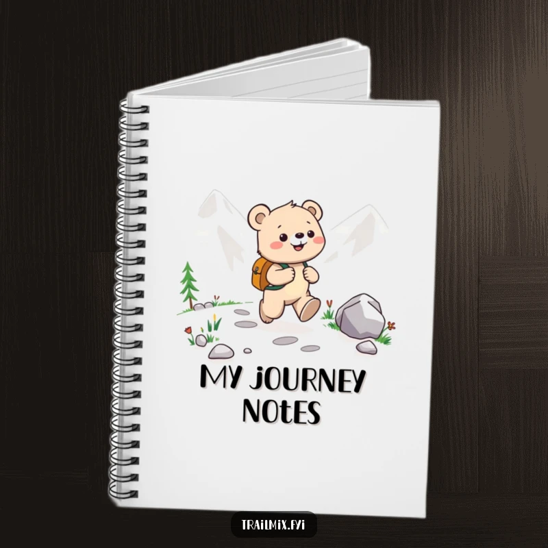 Funny Bear Cub Notebook: Cover displays a happy bear cub with a backpack joyfully skipping along a mountain path, ready for any expedition.