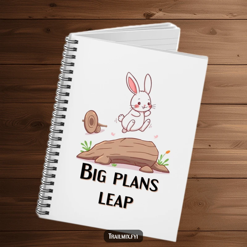 Funny bunny rabbit notebook cover shows a playful leap over a fallen log, perfect for jotting down whimsical ideas.