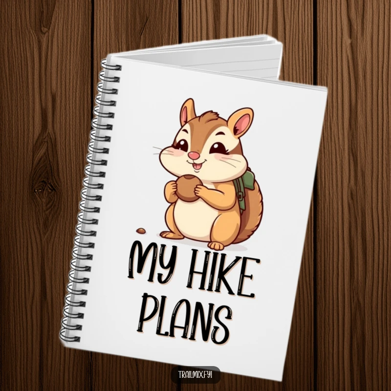 Funny notebook with a cheerful chipmunk stuffing its cheeks with nuts, ready for a hike, ideal for notes and planning.
