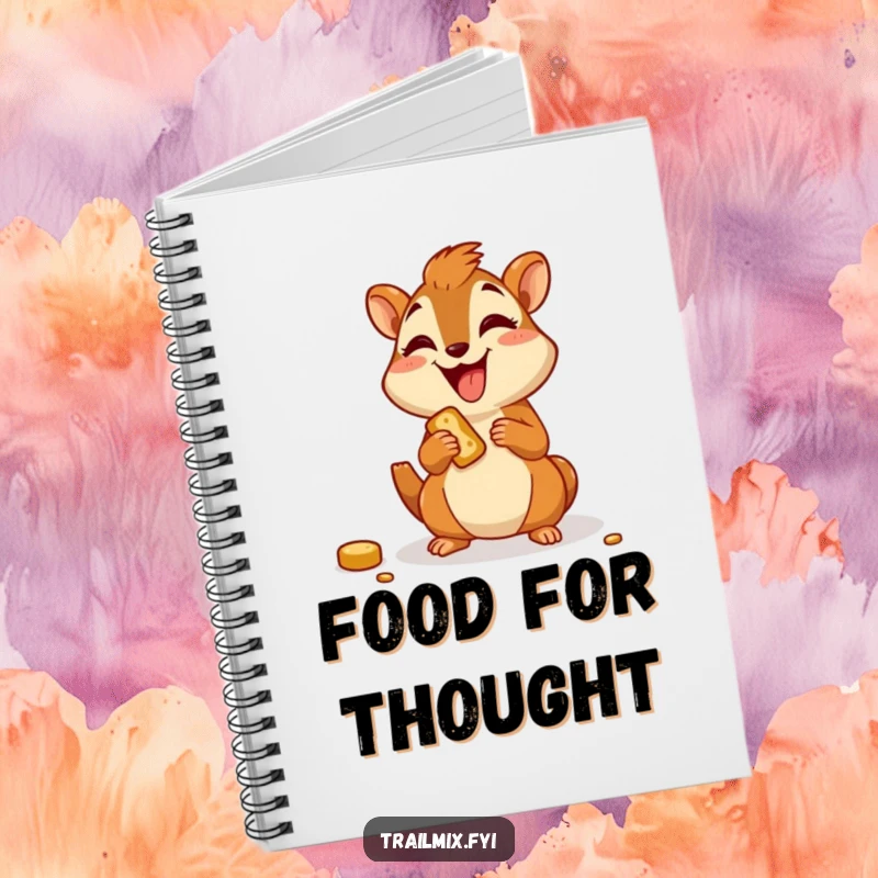 Funny notebook with a joyful chipmunk character happily munching on a trail snack, ideal for notes.