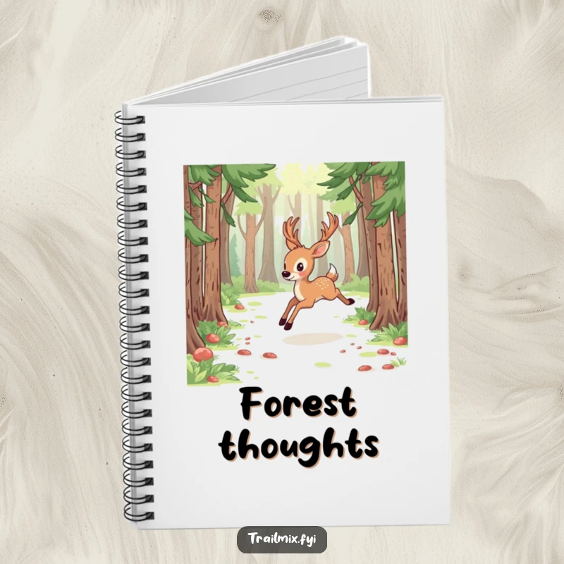 Funny deer notebook cover shows energetic bounding through a forest clearing, perfect for jotting down nature-inspired thoughts.