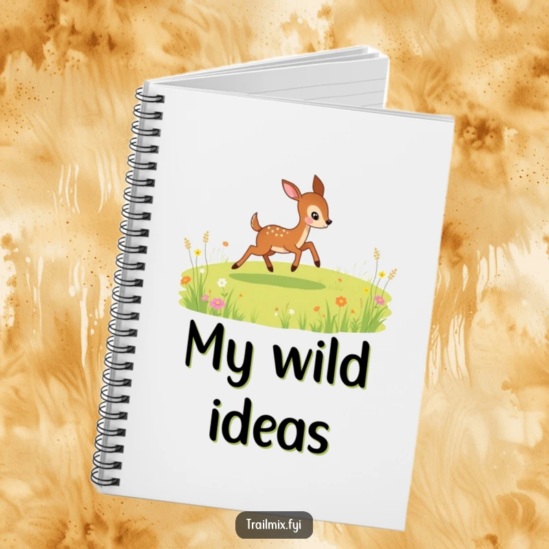 Funny notebook cover featuring a playful deer bounding across a meadow, inspiring energetic note-taking and ideas.