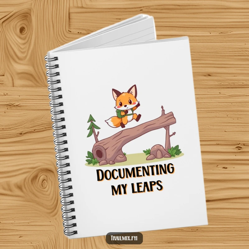 Funny fox hiker notebook, brave leaping pose, durable cover, for planning hikes and adventures.