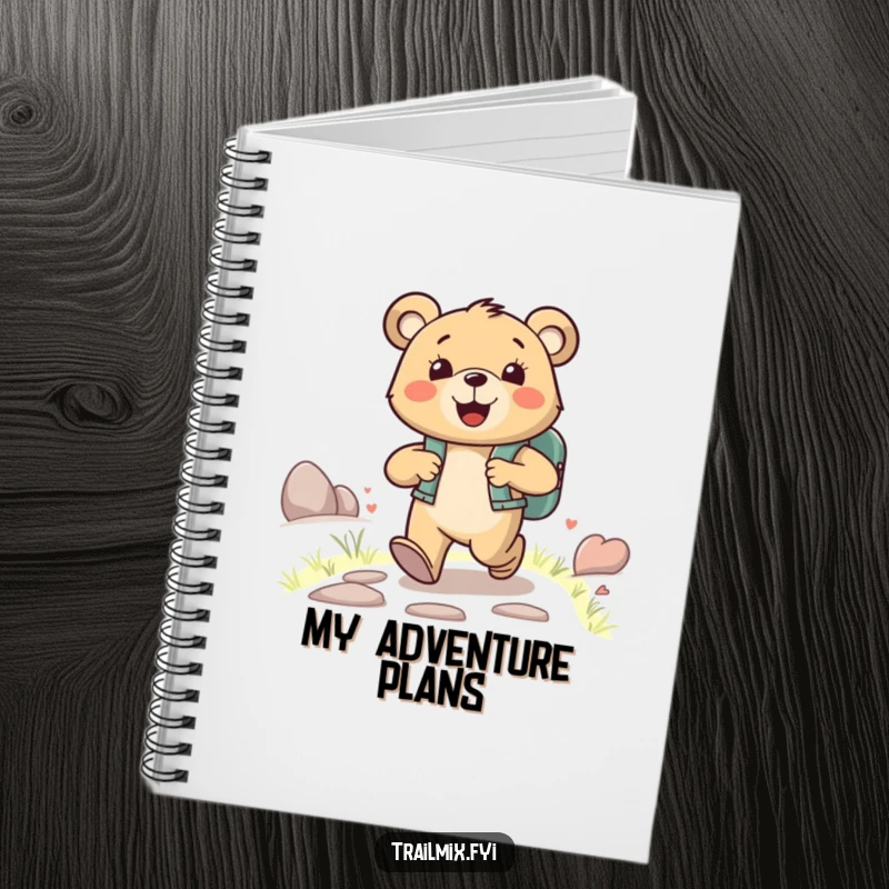 Funny happy bear character wearing a backpack, joyfully striding up a path, on a fun and funny notebook.