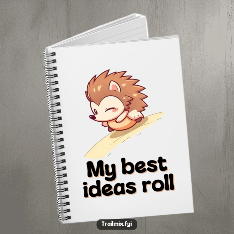 Funny hedgehog notebook with a determined character rolling downhill, inspiring users to capture their thoughts with humorous, unstoppable energy.