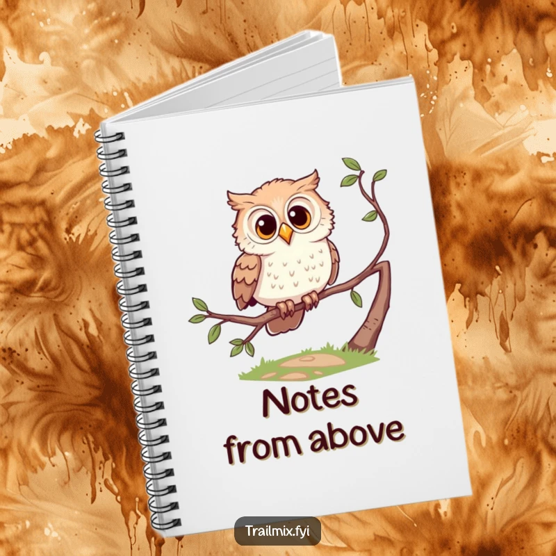 Funny notebook with a curious owl character perched on a branch, ideal for jotting down observations.