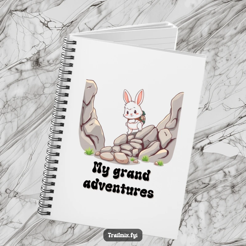 Funny rabbit notebook, fluffy adventurer scrambling up a rocky path, lined pages, humorous stationery.