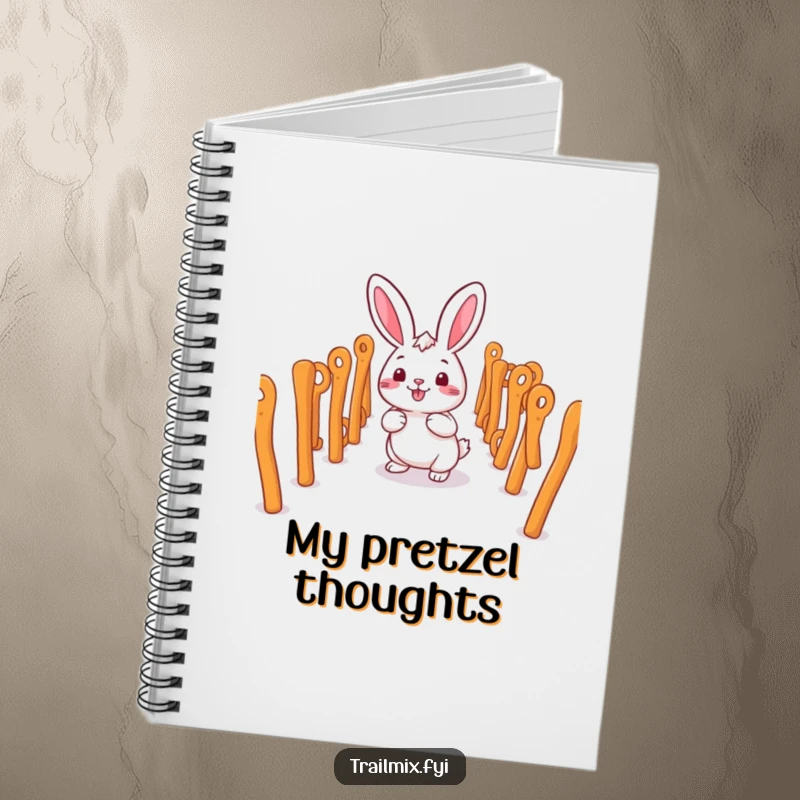 Funny smiling rabbit character happily navigating a maze of pretzel sticks on a notebook cover.