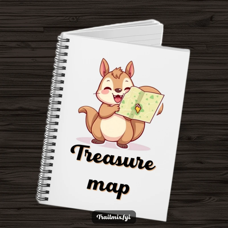 Funny squirrel notebook cover shows a cheerful squirrel holding a tiny map aloft, perfect for jotting down expedition plans.