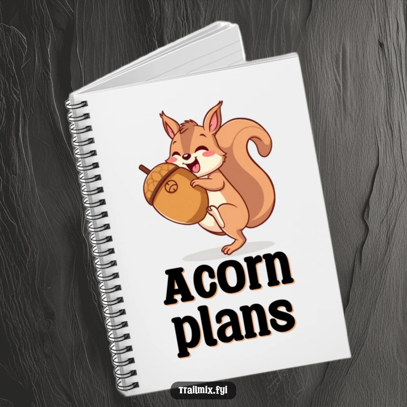 Funny happy squirrel character gleefully hiking up a giant acorn on the cover of a notebook.