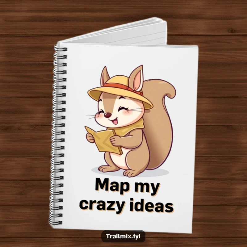 Funny squirrel scout notebook, curious with map, cheerful design for jotting down notes and ideas, durable cover.