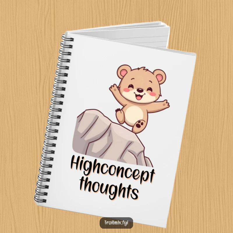 Funny bear cub notebook, balancing happily on a ridge, durable cover, for jotting notes and ideas.