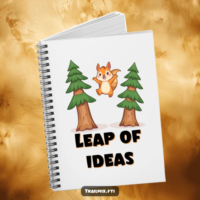 Funny squirrel notebook featuring a happy squirrel leaping between two tall pine trees, inspiring notes and creative woodland thoughts.