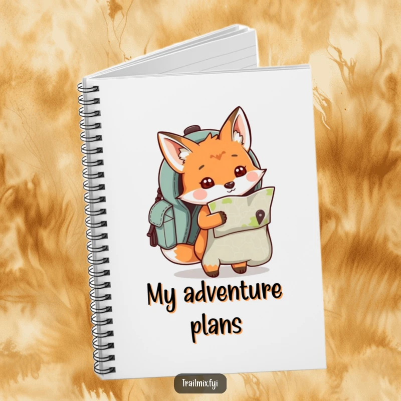 Funny curious fox character peeking out of a backpack holding a map on the cover of a notebook.