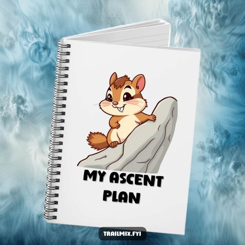 Funny notebook featuring a determined chipmunk climbing a rock, ideal for capturing notes with an adventurous flair.