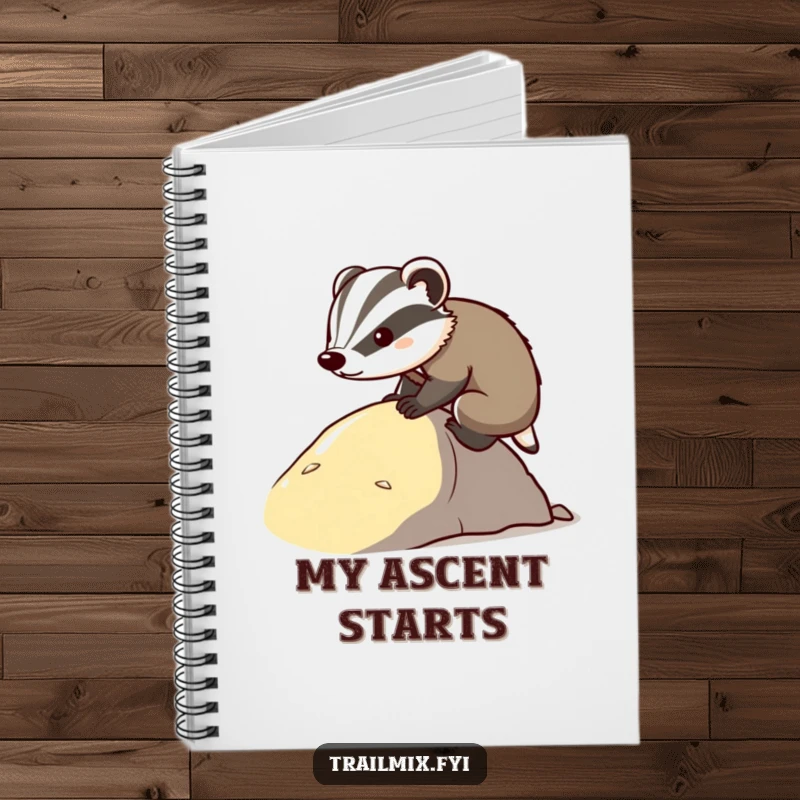 Funny determined badger notebook cover, depicted climbing a slope with purpose. Inspirational and humorous stationery.
