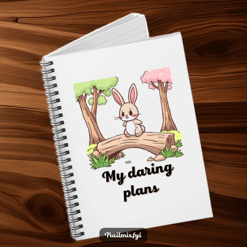 Funny notebook cover featuring a brave rabbit with a determined expression crossing a log bridge, ready for your notes.