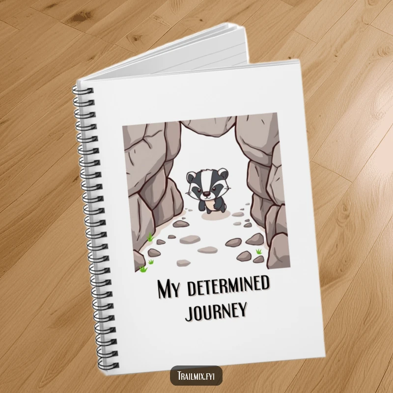 Funny notebook cover with a determined badger character forging ahead on a rocky path, inspiring focused writing.
