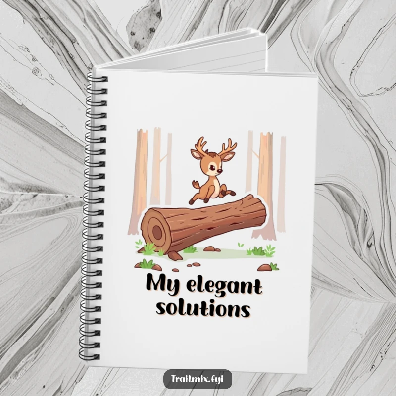 Funny notebook cover with a determined deer character leaping gracefully over a log, encouraging elegant planning.