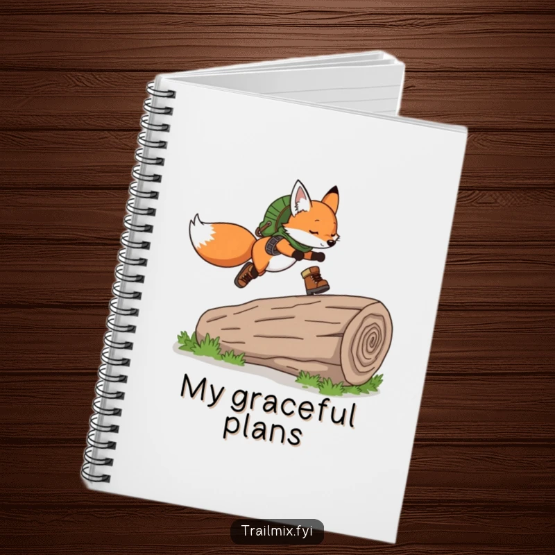 Funny Fox Notebook: Cover displays a playful fox wearing hiking boots, gracefully leaping over a fallen log, ready for any path.
