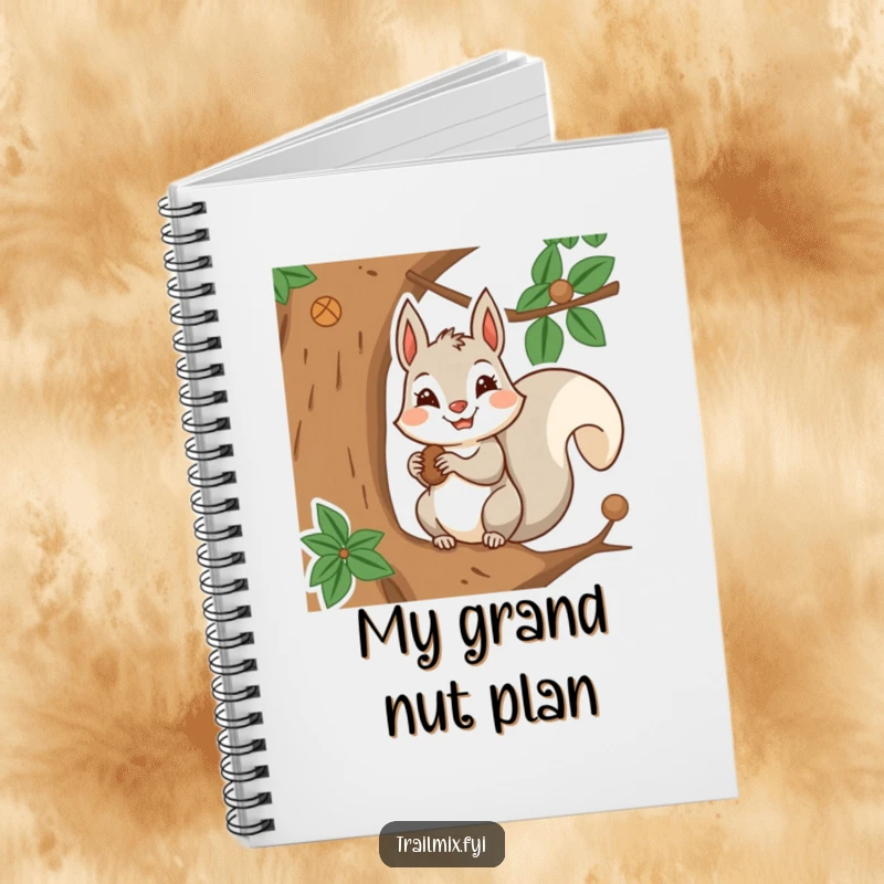 Funny notebook cover with a determined squirrel character storing nuts in a tree, promoting organization and focus.