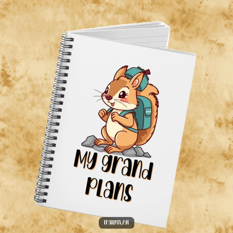 Funny determined squirrel character balancing a backpack on its head while climbing on a notebook cover.