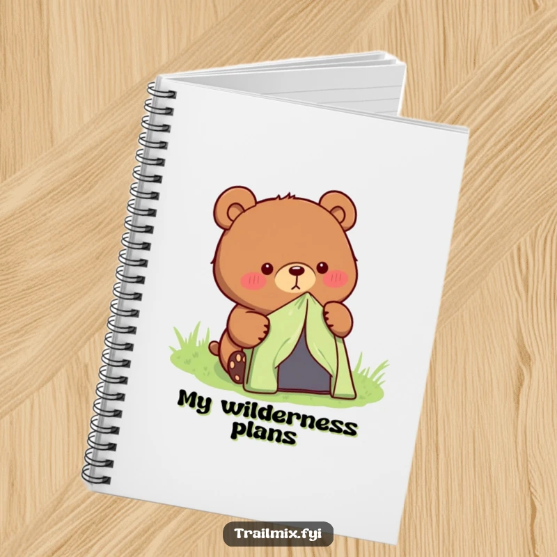 Funny determined bear character setting up a small tent on the cover of a notebook.